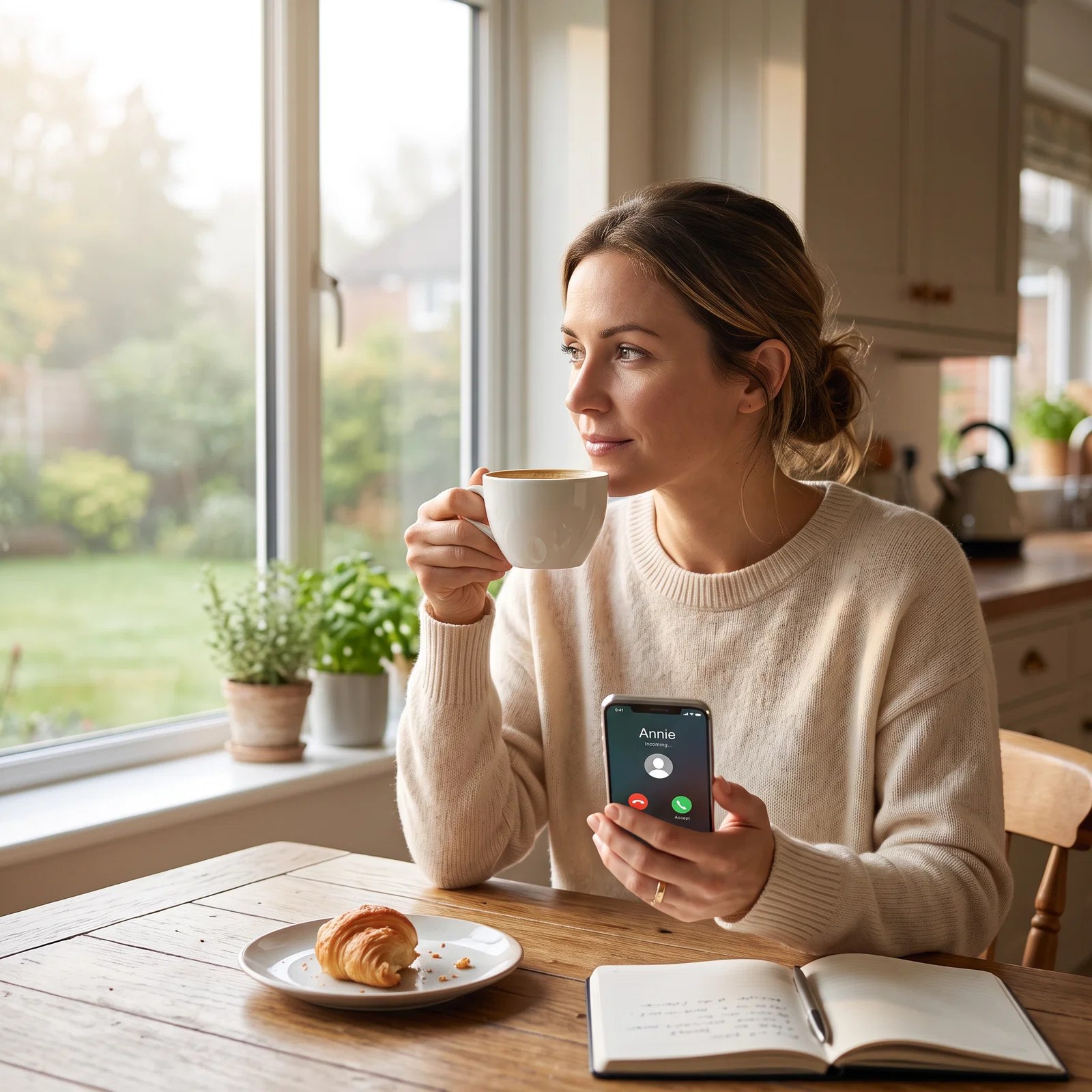 Founder with morning coffee taking an incoming call from Annie