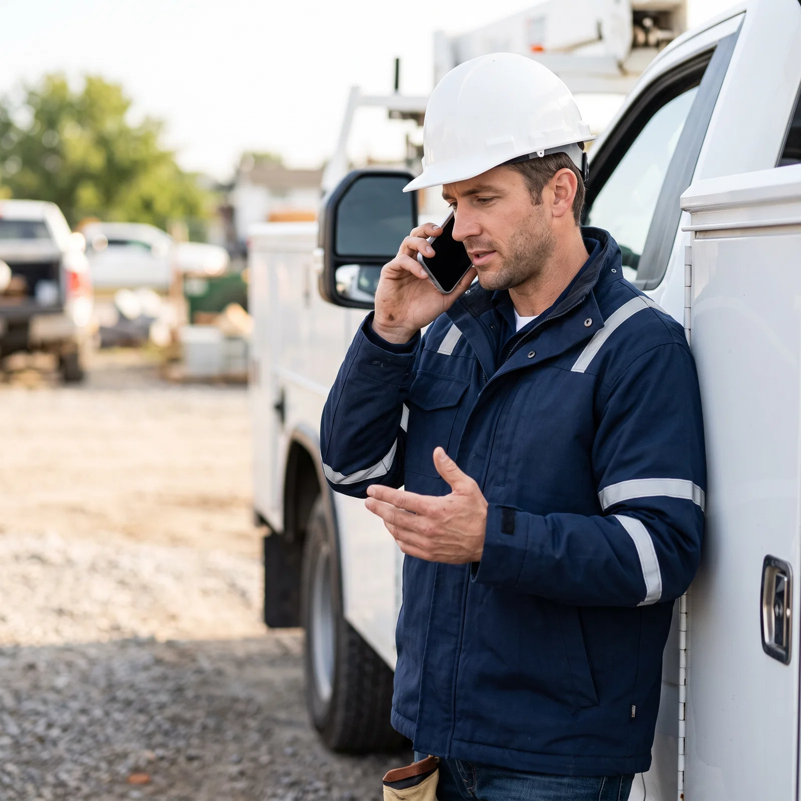 Field technician on a job site taking a call with Annie beside a service truck