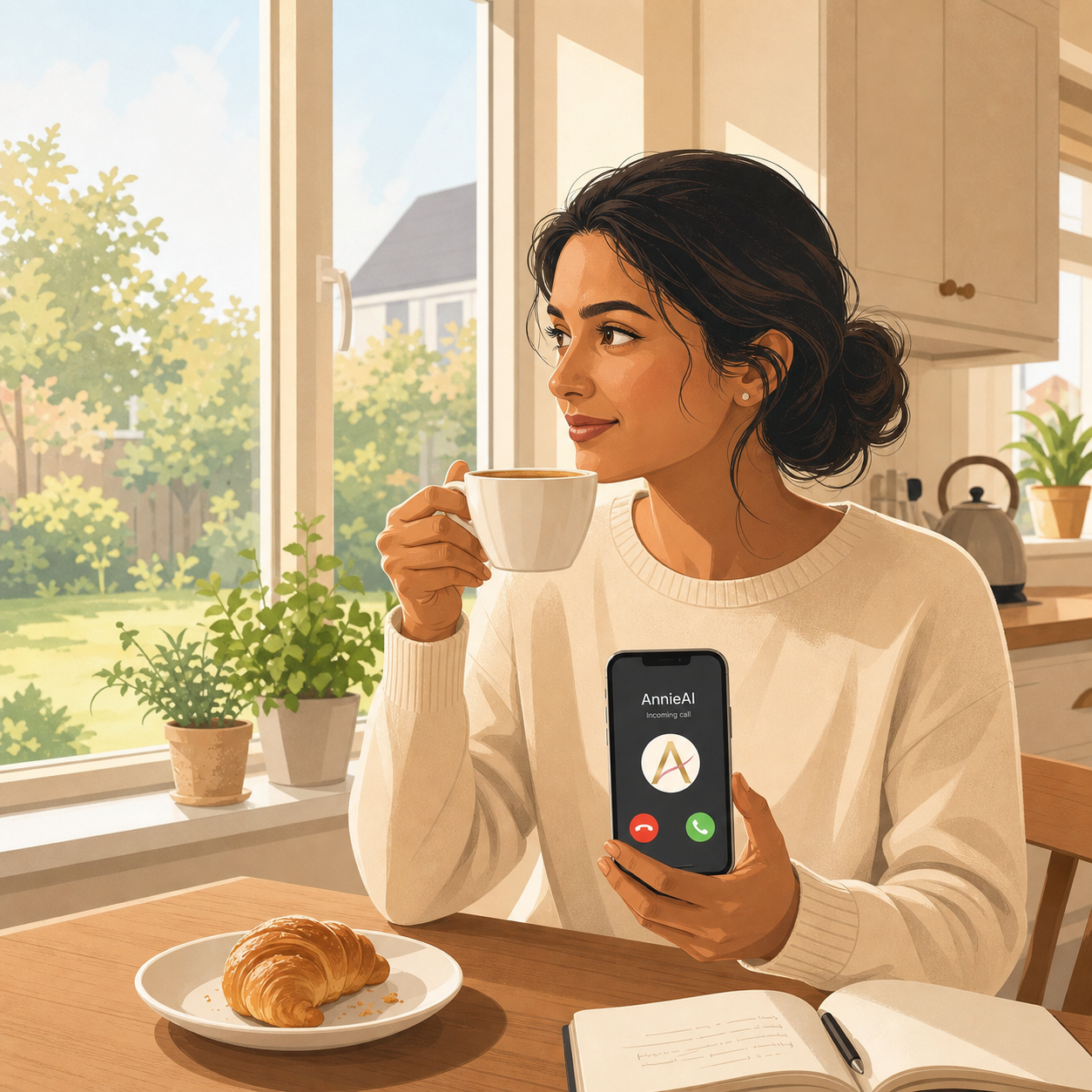 Founder with morning coffee taking an incoming call from Annie