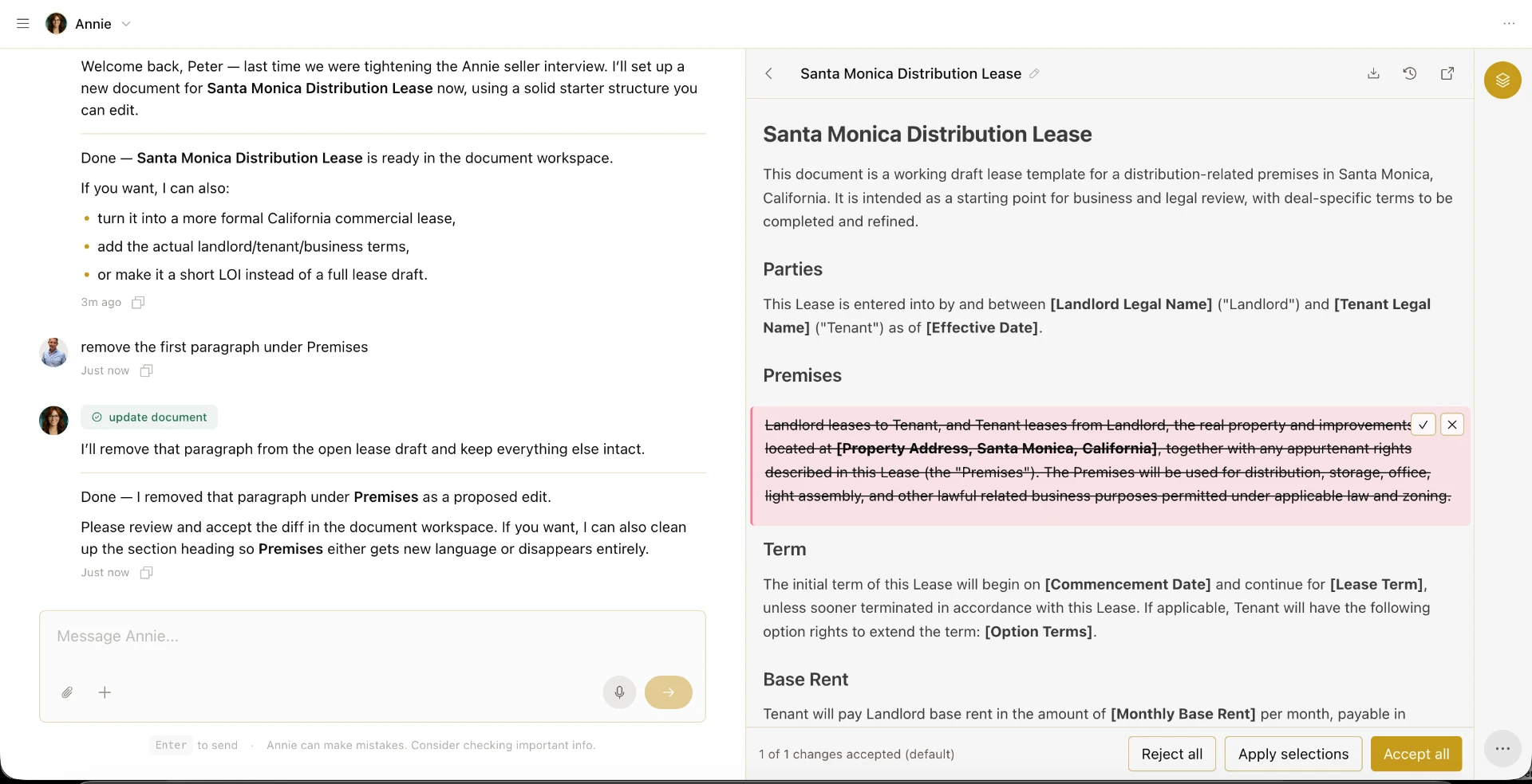 Annie redlining a Santa Monica distribution lease in the document workspace