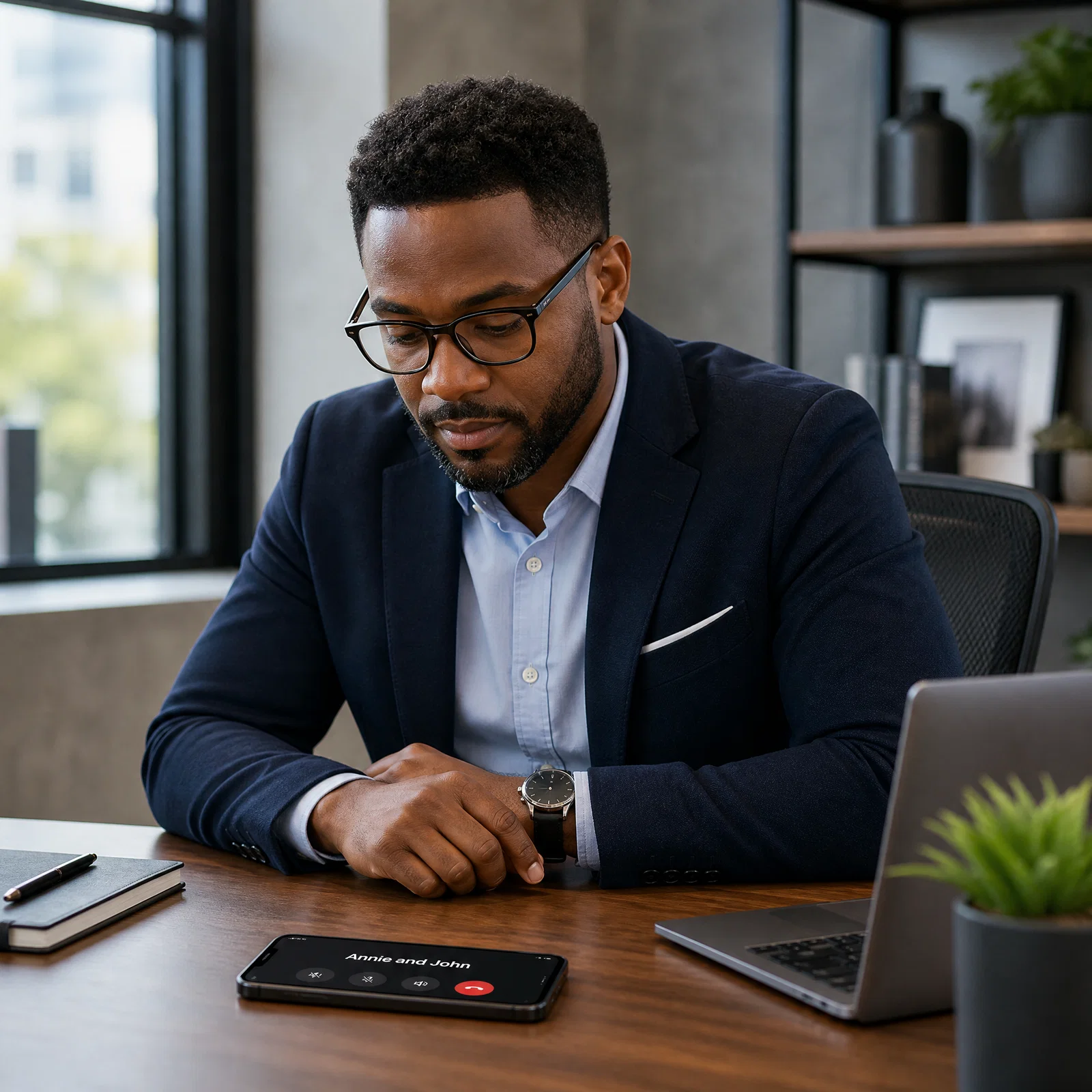 Executive at his desk on a conference call with Annie and a teammate