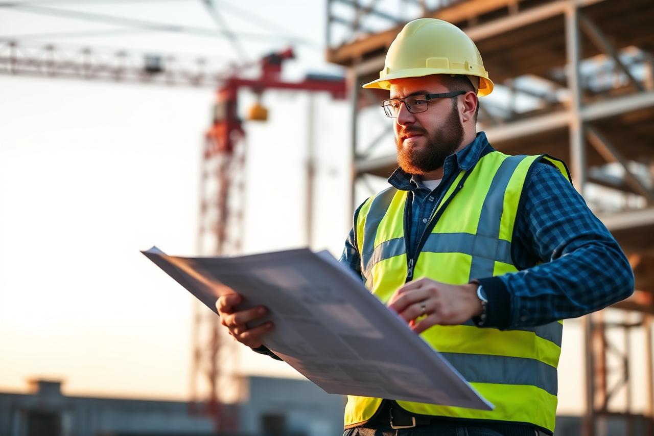 Construction project manager in a hard hat reviewing plans on a jobsite