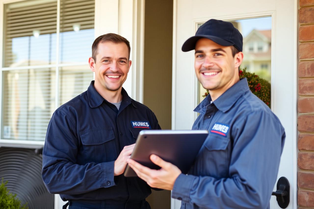 Home service technicians at a customer's front door with a tablet