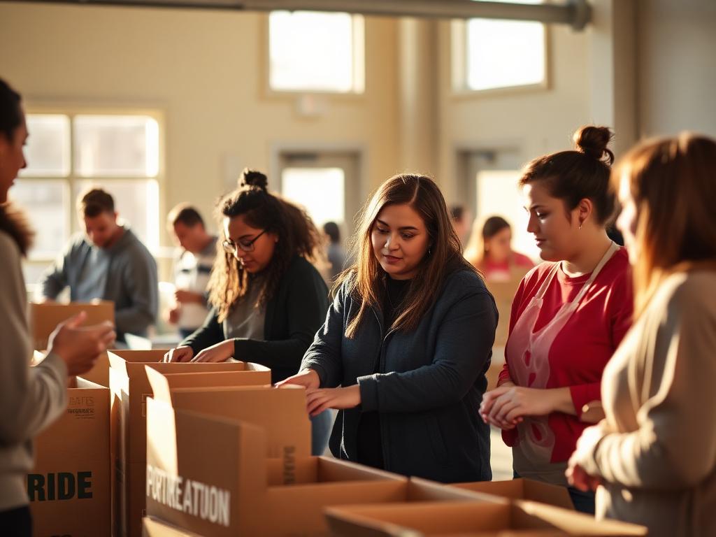 Nonprofit volunteers packing donation boxes at a community center
