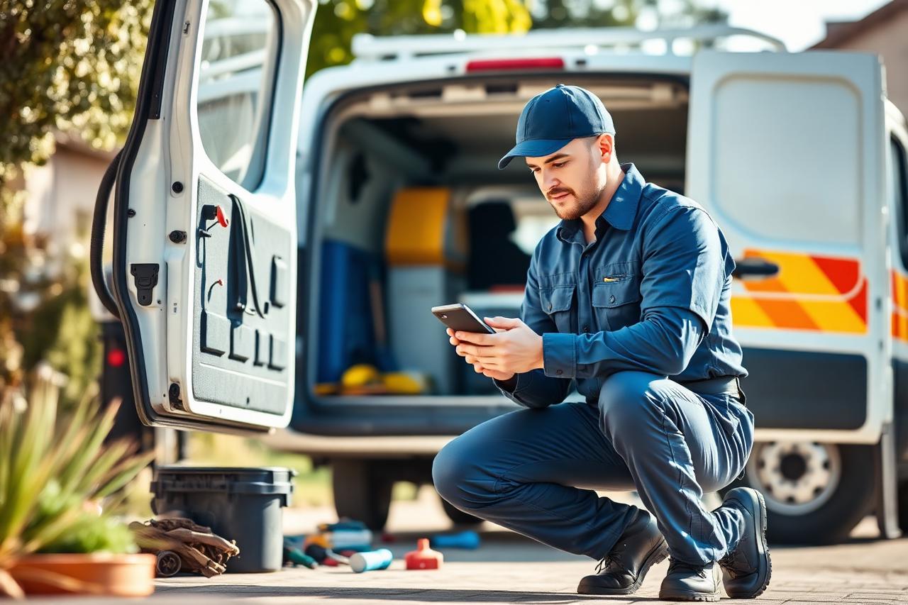 Plumbing technician checking job details on a phone by a service van