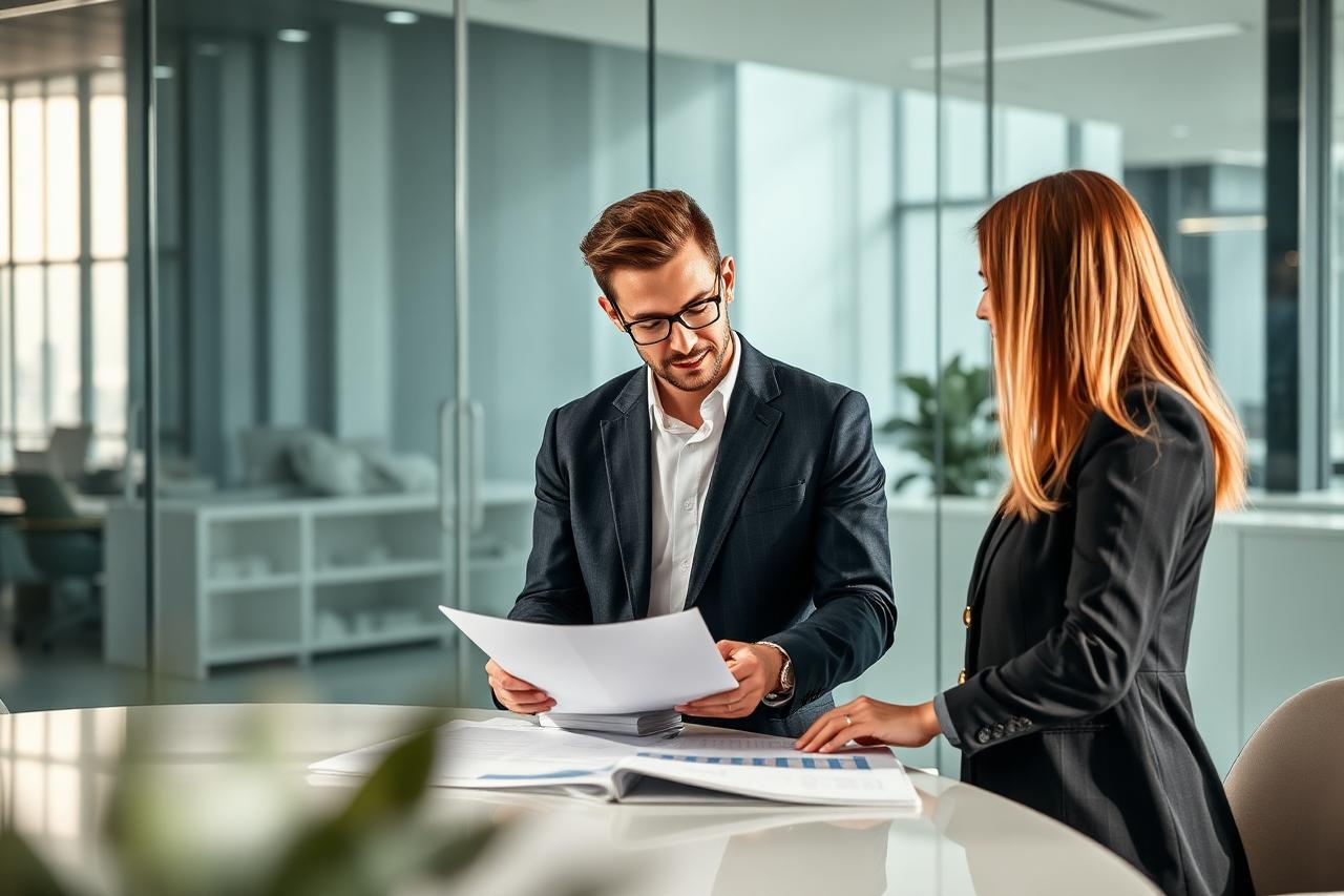 Consultants reviewing documents with a client in a modern office