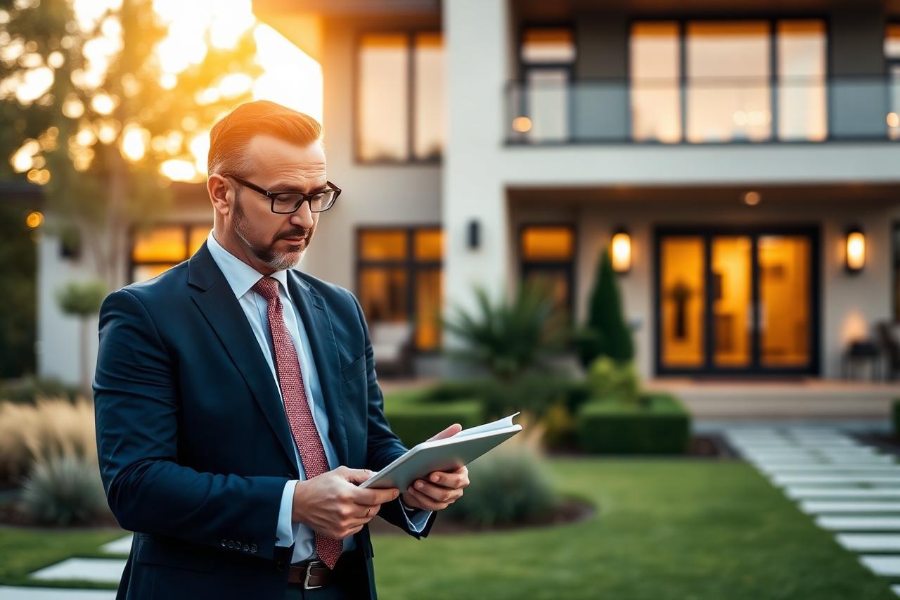 Real estate agent reviewing a contract outside a modern home