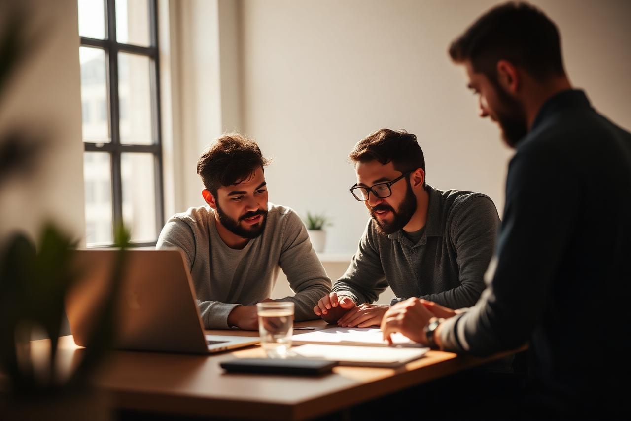 Startup founders working together around a laptop in a bright office